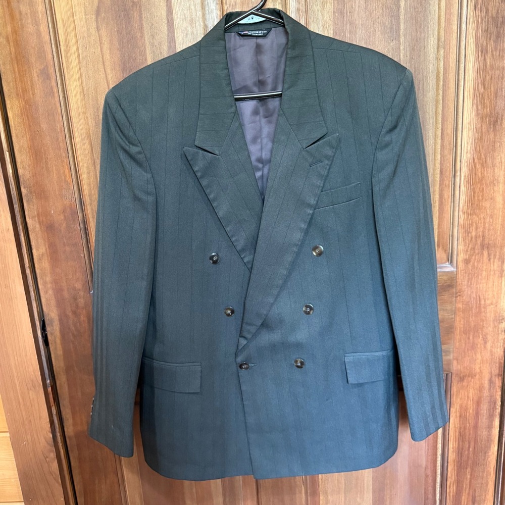 Raffinati Mens Vintage Double Breasted Blazer Dark Green Herringbone Pinstripe